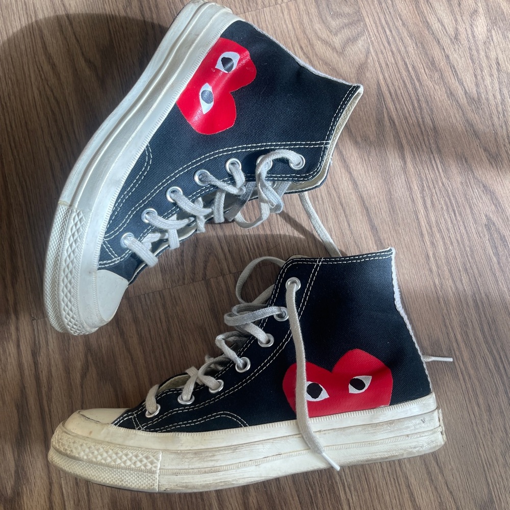 COMME des Garcons Converse Black High-Tops with Red Heart Accent